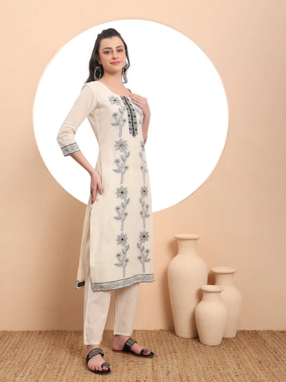 Off-White Handloom Cotton Jacquard Kurta Dupatta Pant Set