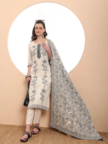 Off-White Handloom Cotton Jacquard Kurta Dupatta Pant Set
