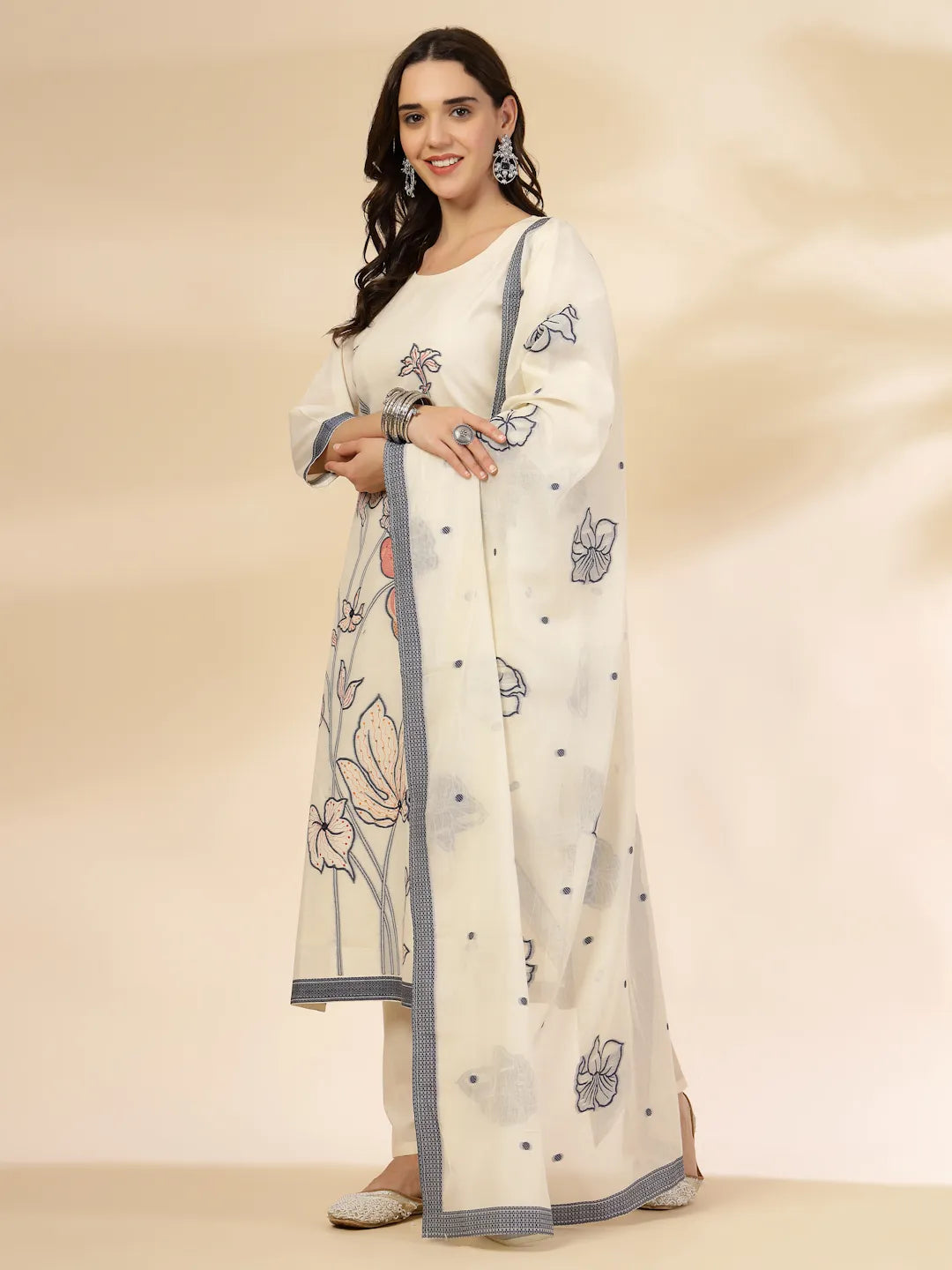 Off White Handloom Cotton Jacquard Kurta Set With Pant & Dupatta