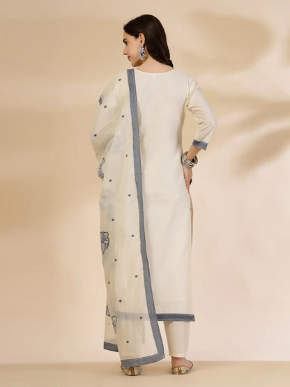 Off White Handloom Cotton Jacquard Kurta Set With Pant & Dupatta