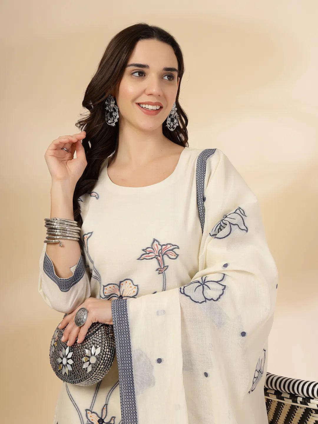 Off White Handloom Cotton Jacquard Kurta Set With Pant & Dupatta