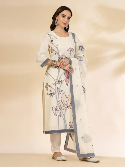Off White Handloom Cotton Jacquard Kurta Set With Pant & Dupatta