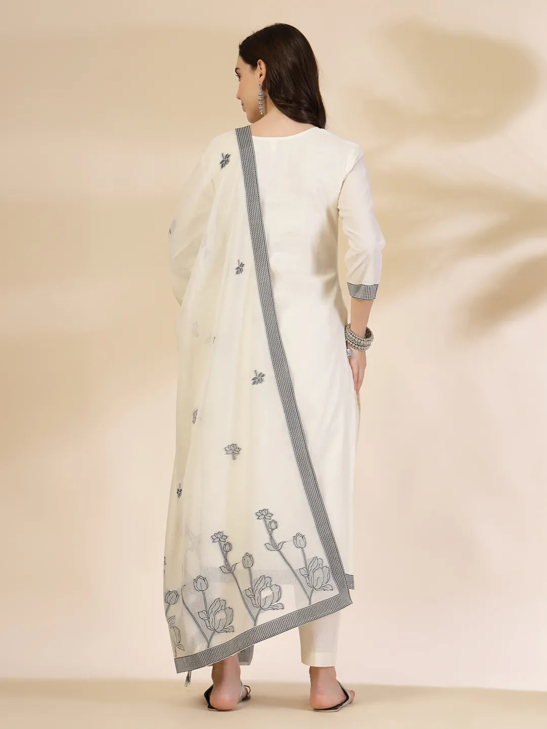 Off White Handloom Cotton Jacquard Sequins Work Kurta Dupatta Pant Set