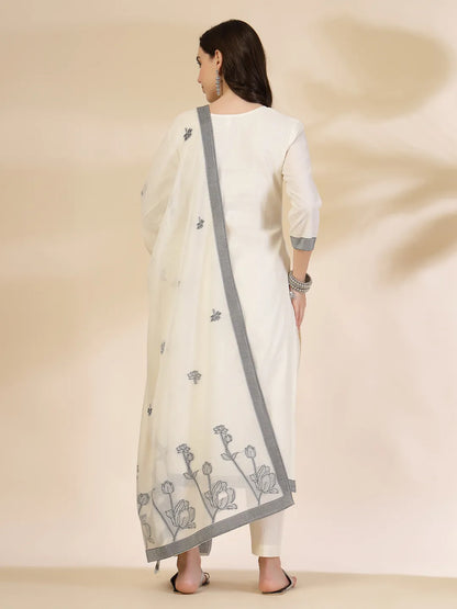 Off White Handloom Cotton Jacquard Sequins Work Kurta Dupatta Pant Set