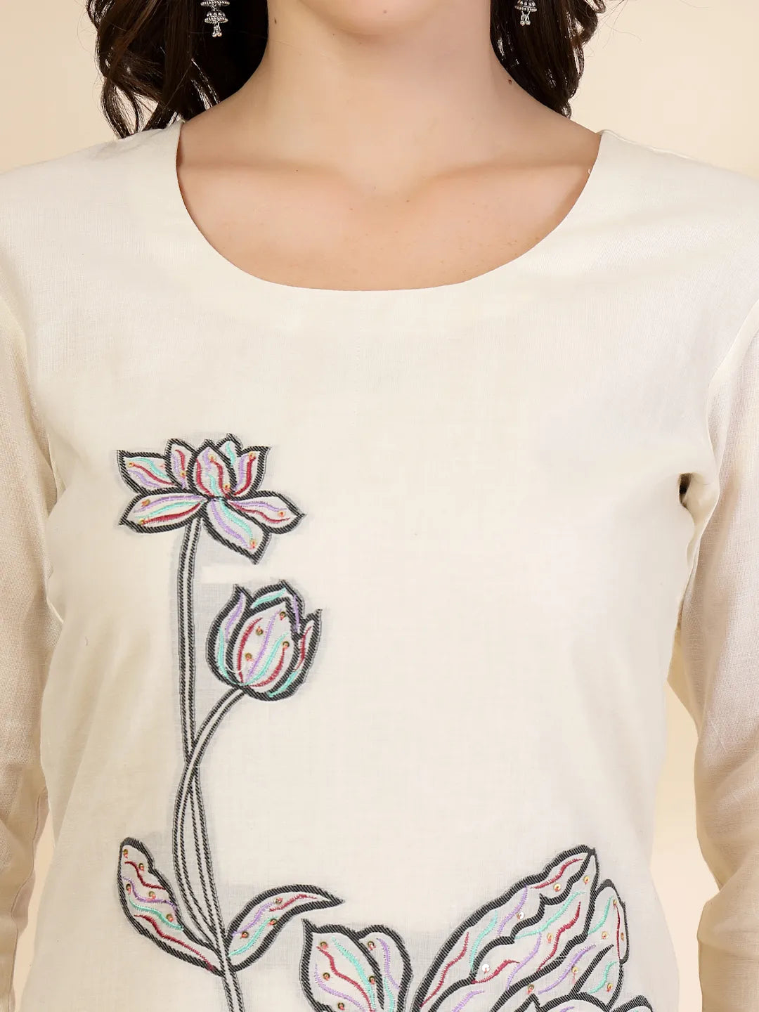 Off White Handloom Cotton Jacquard Sequins Work Kurta Dupatta Pant Set