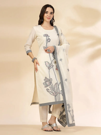 Off White Handloom Cotton Jacquard Sequins Work Kurta Dupatta Pant Set