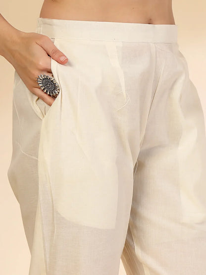 Off White Handloom Cotton Jacquard Sequins Work Kurta Dupatta Pant Set