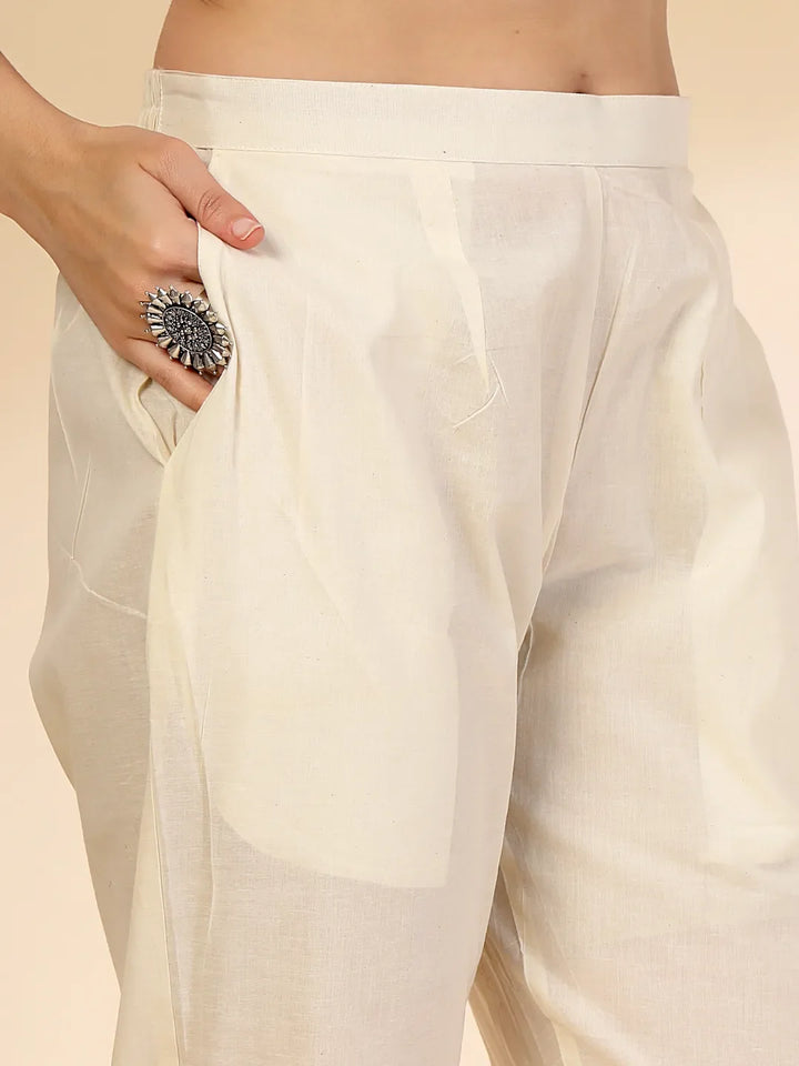 Off White Handloom Cotton Jacquard Sequins Work Kurta Dupatta Pant Set