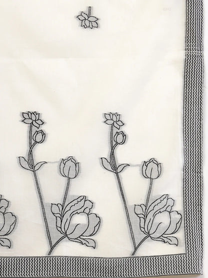 Off White Handloom Cotton Jacquard Sequins Work Kurta Dupatta Pant Set