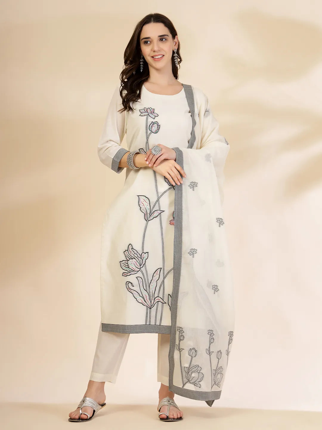 Off White Handloom Cotton Jacquard Sequins Work Kurta Dupatta Pant Set
