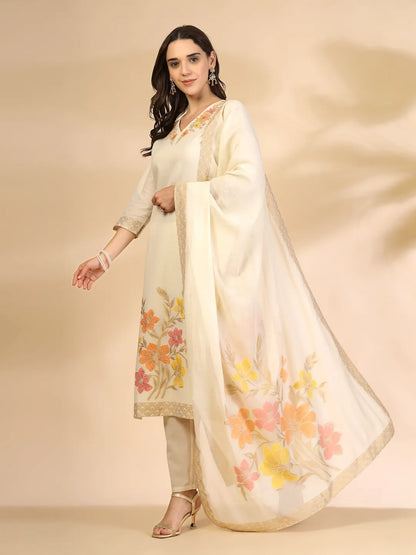Off White Handloom Cotton Jacquard Thread Work Kurta Dupatta Pant Set