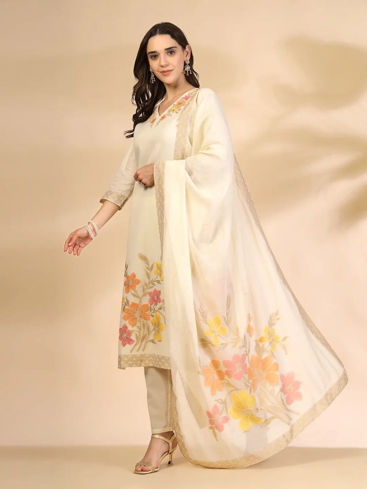 Off White Handloom Cotton Jacquard Thread Work Kurta Dupatta Pant Set