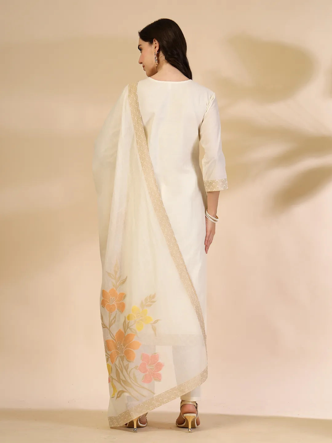 Off White Handloom Cotton Jacquard Thread Work Kurta Dupatta Pant Set