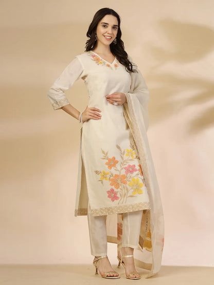 Off White Handloom Cotton Jacquard Thread Work Kurta Dupatta Pant Set