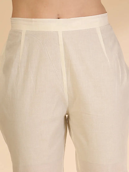 Off White Handloom Cotton Jacquard Thread Work Kurta Dupatta Pant Set