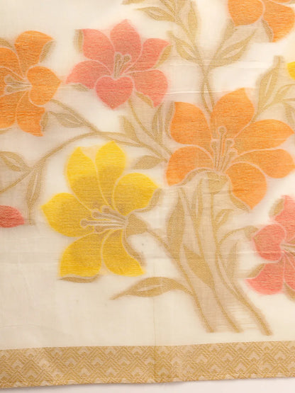 Off White Handloom Cotton Jacquard Thread Work Kurta Dupatta Pant Set