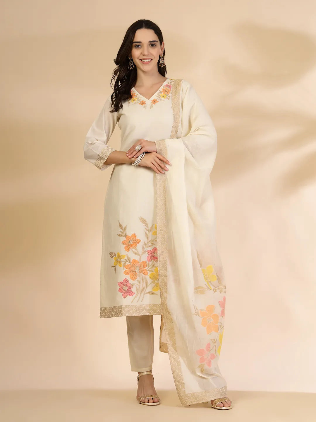 Off White Handloom Cotton Jacquard Thread Work Kurta Dupatta Pant Set