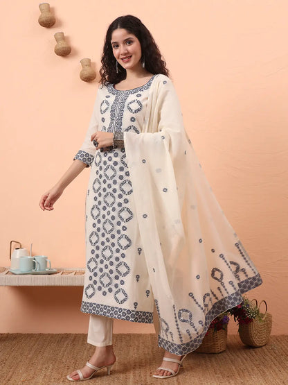Off-White Handloom Cotton Kurta Dupatta Pant Set With Cotton Mal Lining