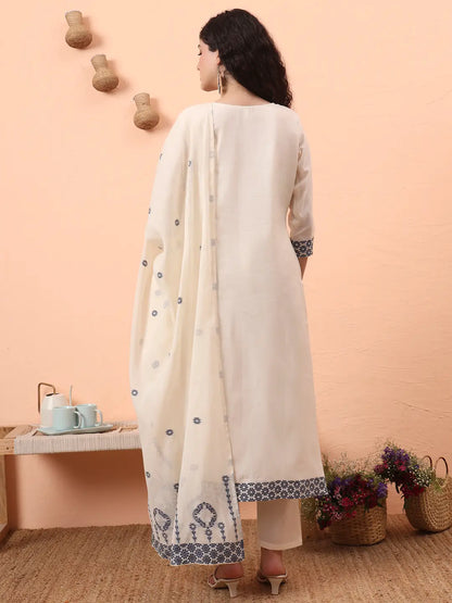 Off-White Handloom Cotton Kurta Dupatta Pant Set With Cotton Mal Lining
