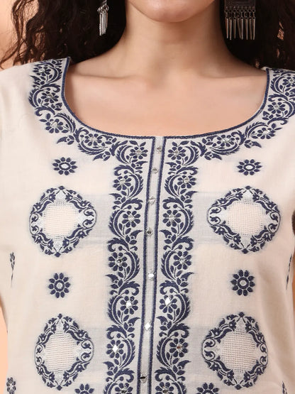 Off-White Handloom Cotton Kurta Dupatta Pant Set With Cotton Mal Lining