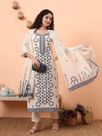 Off-White Handloom Cotton Kurta Dupatta Pant Set With Cotton Mal Lining