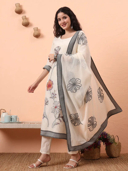Off-White Handloom Cotton Weaved  Kurta Dupatta Pant Set With Cotton Mal Lining