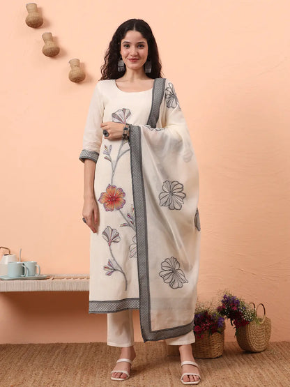 Off-White Handloom Cotton Weaved  Kurta Dupatta Pant Set With Cotton Mal Lining