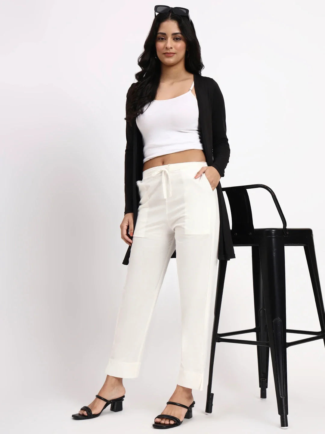 Mid-Rise Ankle-Length Regular Fit Poplin Pants
