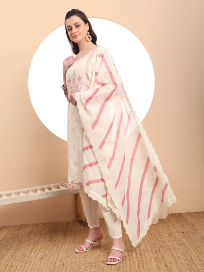 Off-White Pure Handloom Cotton Thread Work Kurta Dupatta Pant Set