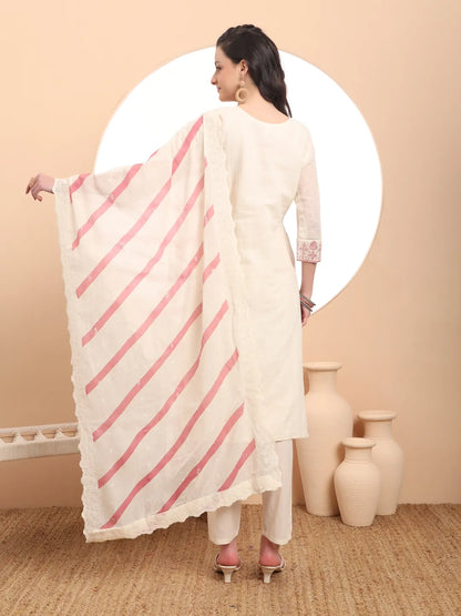 Off-White Pure Handloom Cotton Thread Work Kurta Dupatta Pant Set