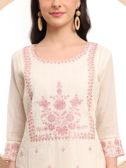 Off-White Pure Handloom Cotton Thread Work Kurta Dupatta Pant Set