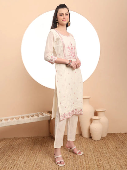 Off-White Pure Handloom Cotton Thread Work Kurta Dupatta Pant Set