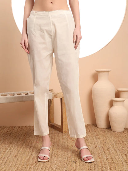 Off-White Pure Handloom Cotton Thread Work Kurta Dupatta Pant Set