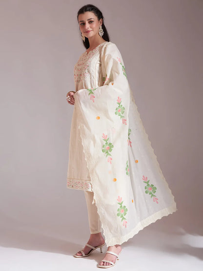 Off-White Pure Handloom Cotton Weaved  Kurta Dupatta Pant Set
