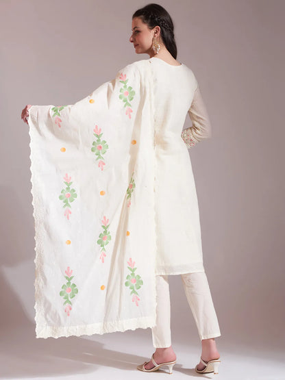 Off-White Pure Handloom Cotton Weaved  Kurta Dupatta Pant Set