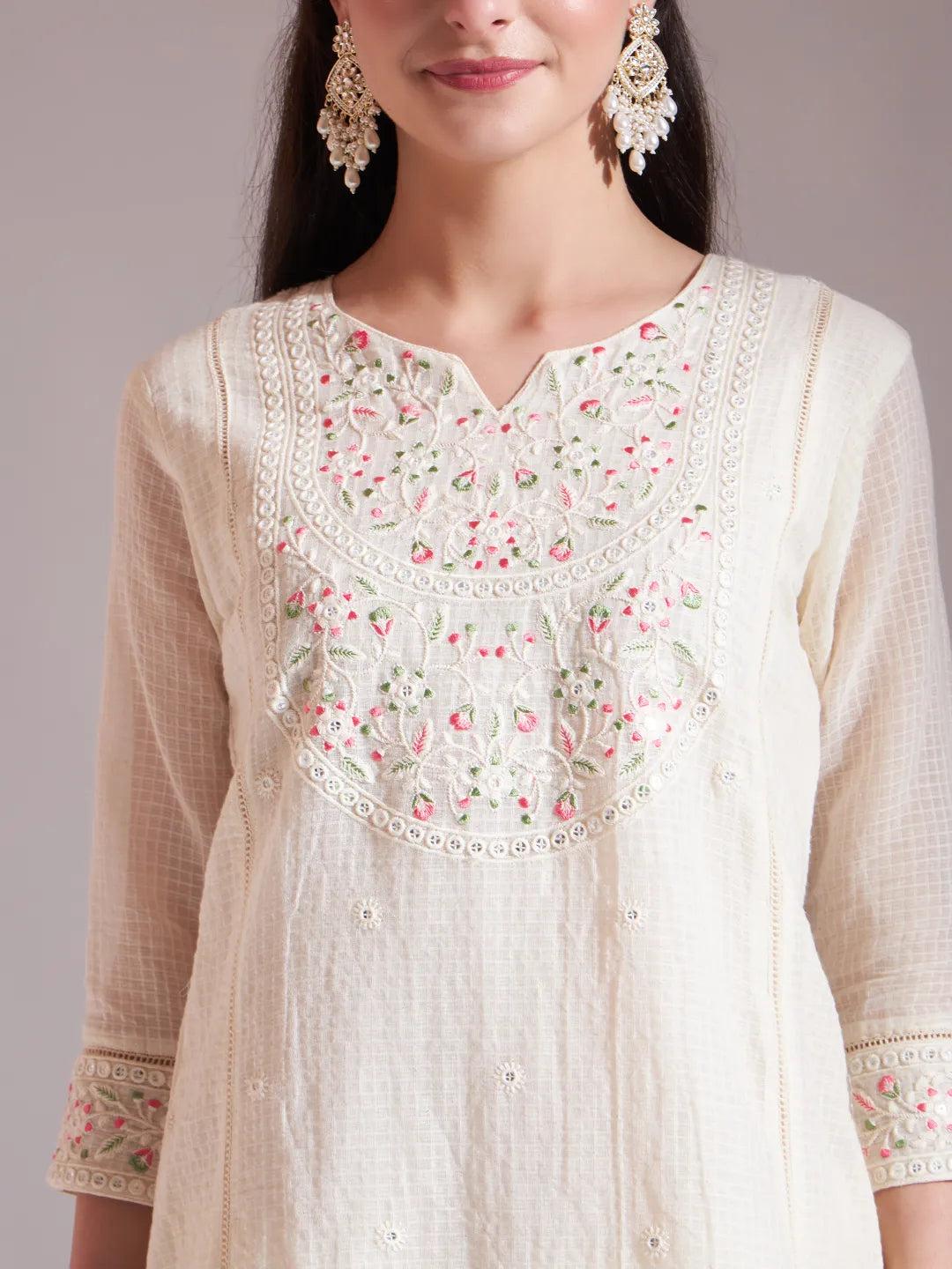 Off-White Pure Handloom Cotton Weaved  Kurta Dupatta Pant Set