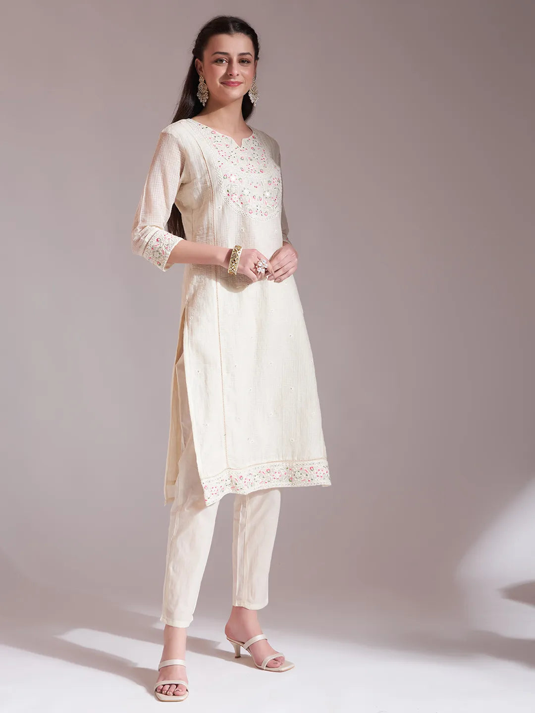 Off-White Pure Handloom Cotton Weaved  Kurta Dupatta Pant Set