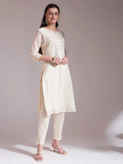 Off-White Pure Handloom Cotton Weaved  Kurta Dupatta Pant Set