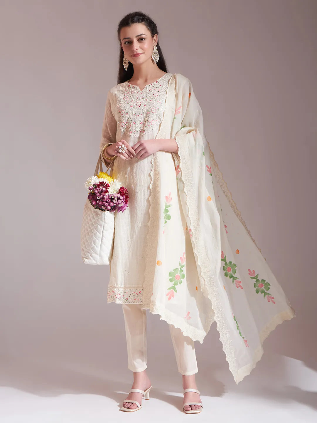 Off-White Pure Handloom Cotton Weaved  Kurta Dupatta Pant Set