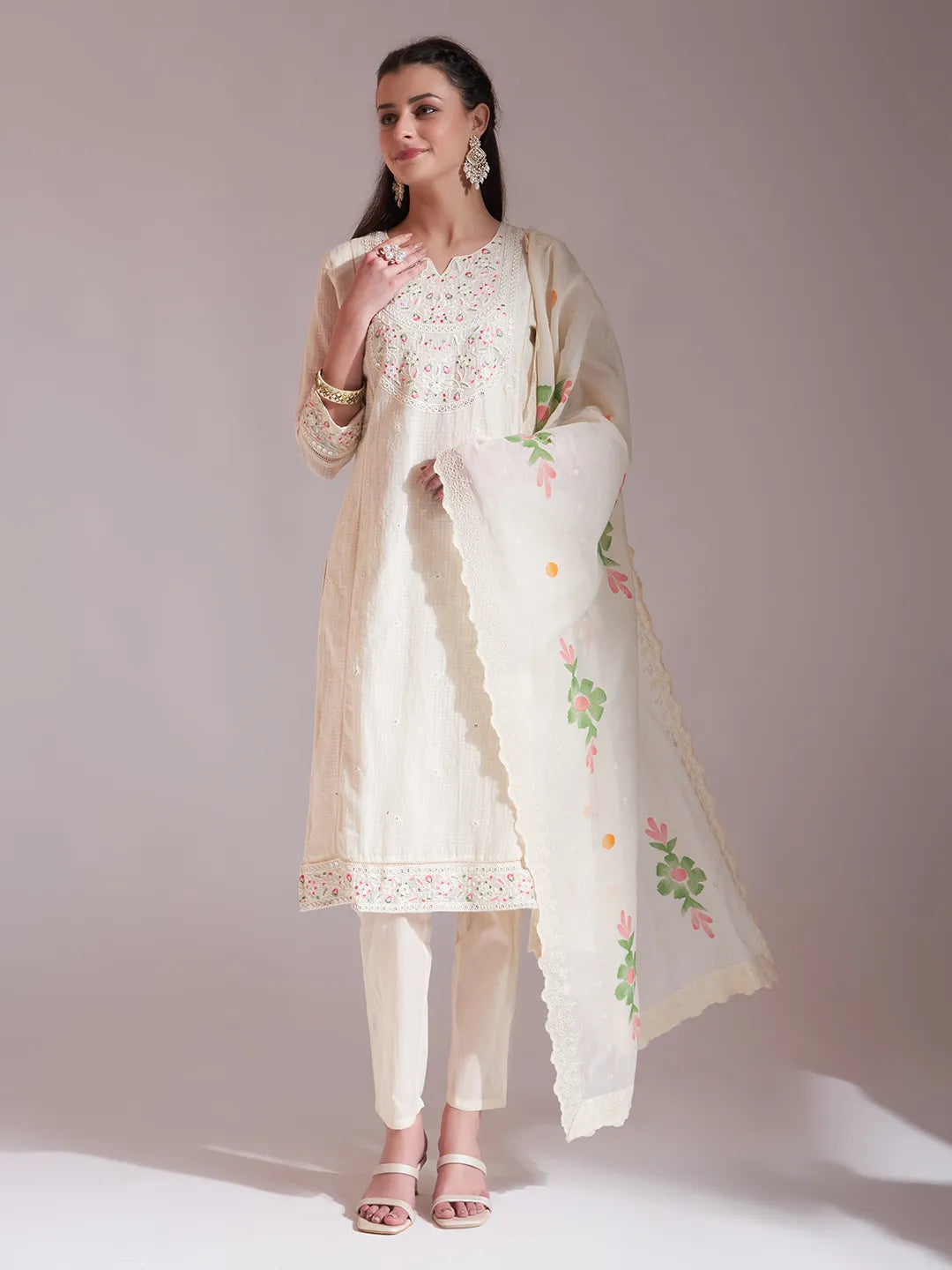 Off-White Pure Handloom Cotton Weaved  Kurta Dupatta Pant Set