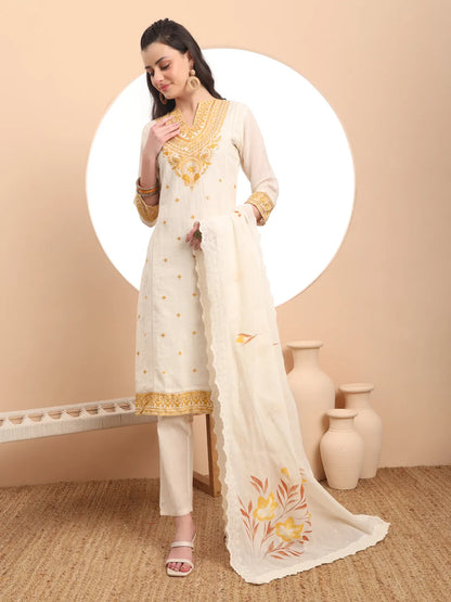 Off-White Pure Handloom Cotton Weaved Thread Work Kurta Dupatta Pant Set