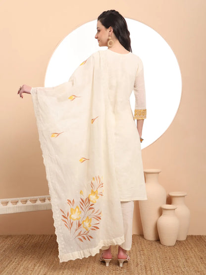 Off-White Pure Handloom Cotton Weaved Thread Work Kurta Dupatta Pant Set