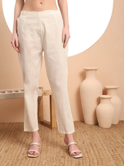 Off-White Pure Handloom Cotton Weaved Thread Work Kurta Dupatta Pant Set