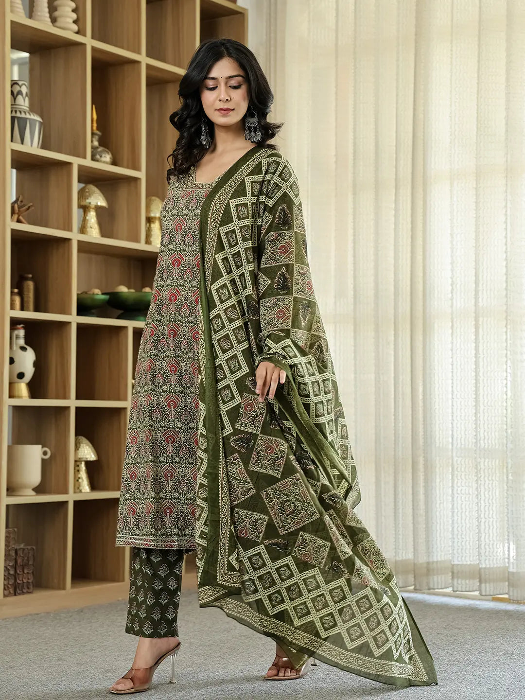 Olive Green Ethnic Motifs A-Line Kurta Trouser Dupatta Set With Bucket Neck