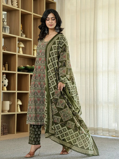 Olive Green Ethnic Motifs A-Line Kurta Trouser Dupatta Set With Bucket Neck