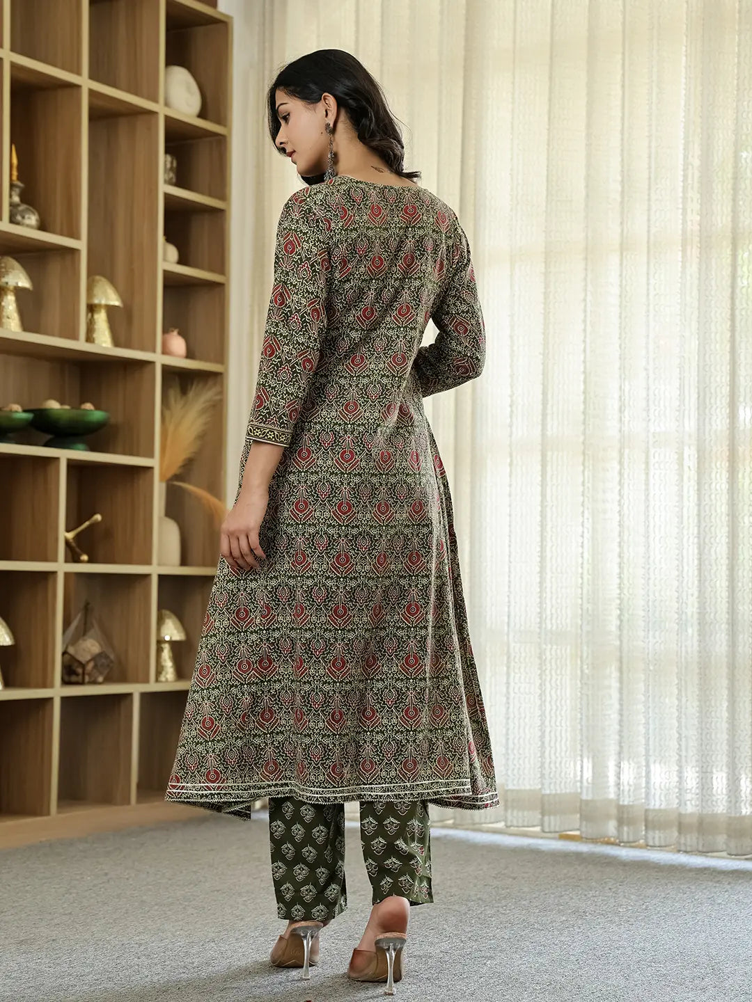 Olive Green Ethnic Motifs A-Line Kurta Trouser Dupatta Set With Bucket Neck