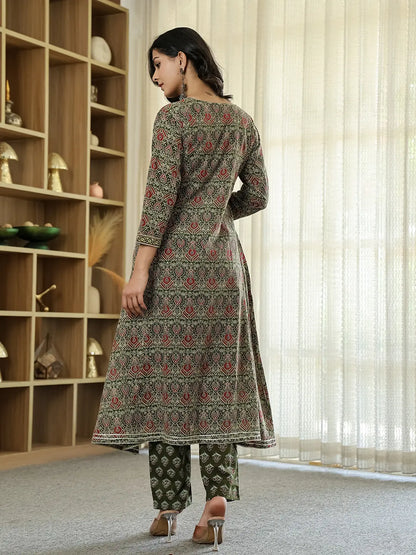 Olive Green Ethnic Motifs A-Line Kurta Trouser Dupatta Set With Bucket Neck