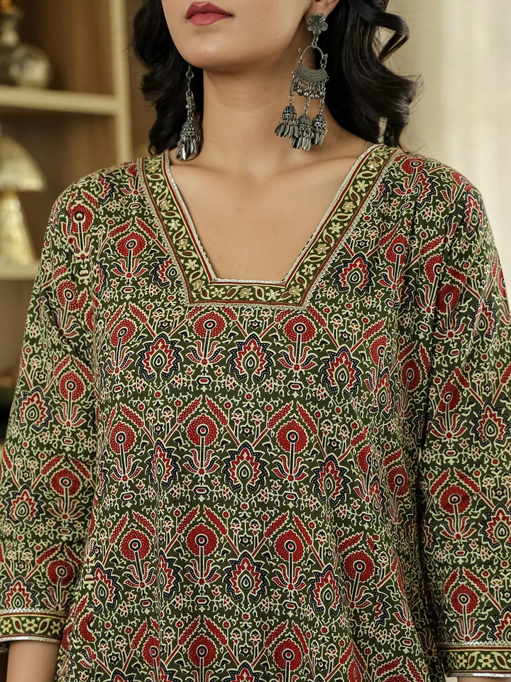 Olive Green Ethnic Motifs A-Line Kurta Trouser Dupatta Set With Bucket Neck