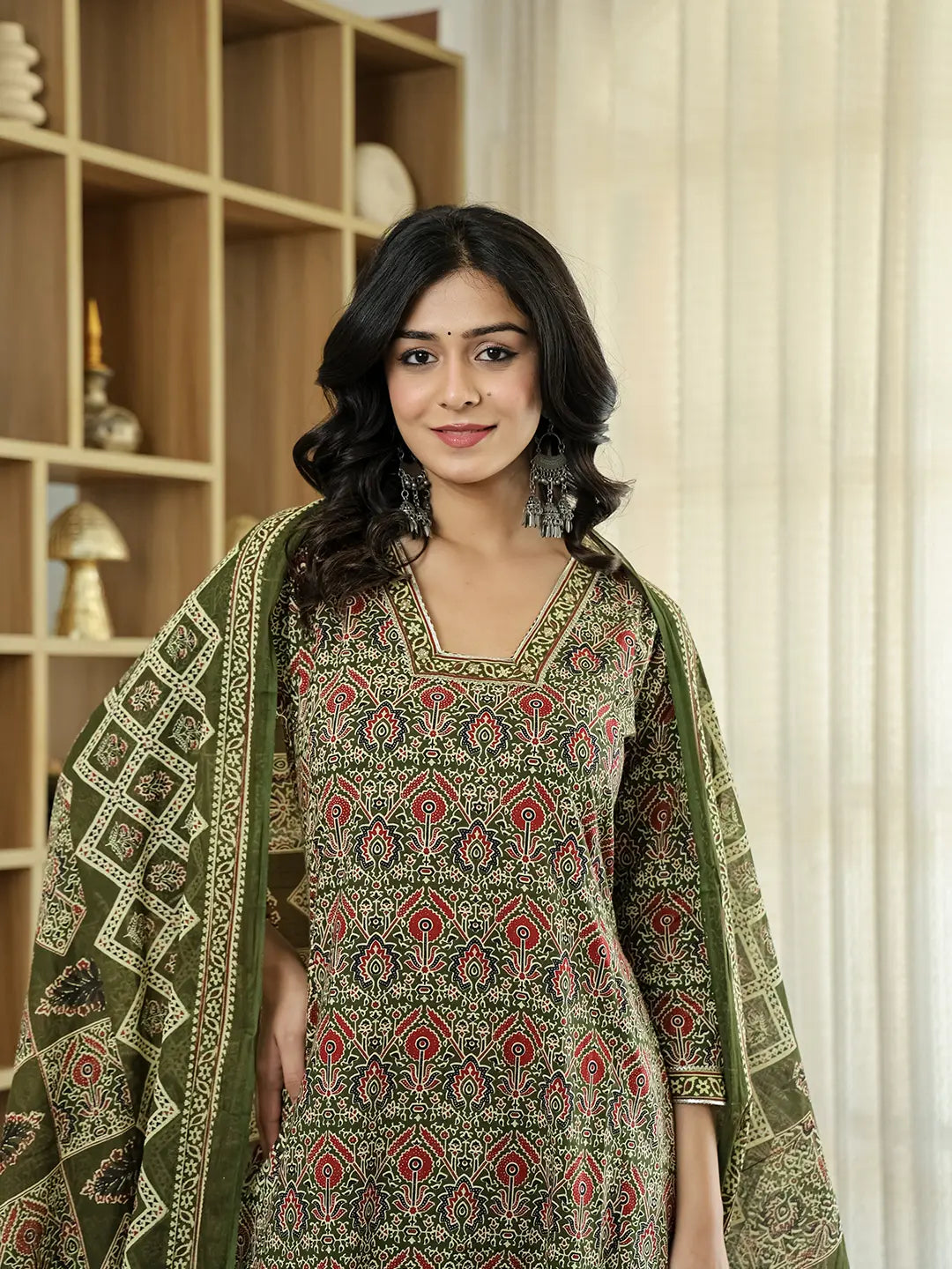 Olive Green Ethnic Motifs A-Line Kurta Trouser Dupatta Set With Bucket Neck