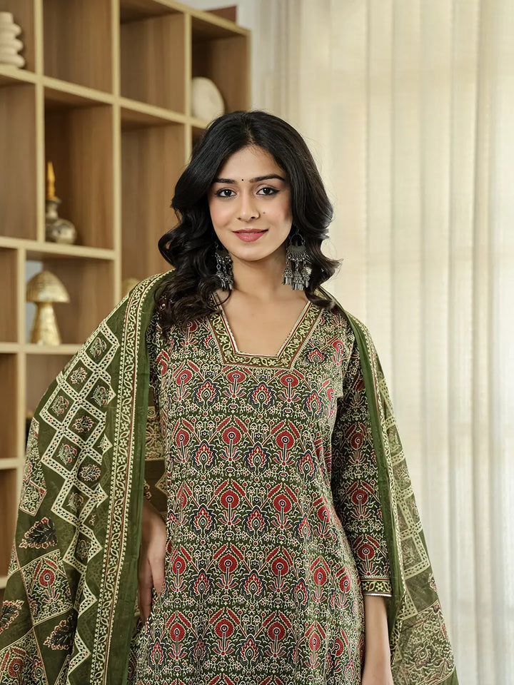 Olive Green Ethnic Motifs A-Line Kurta Trouser Dupatta Set With Bucket Neck